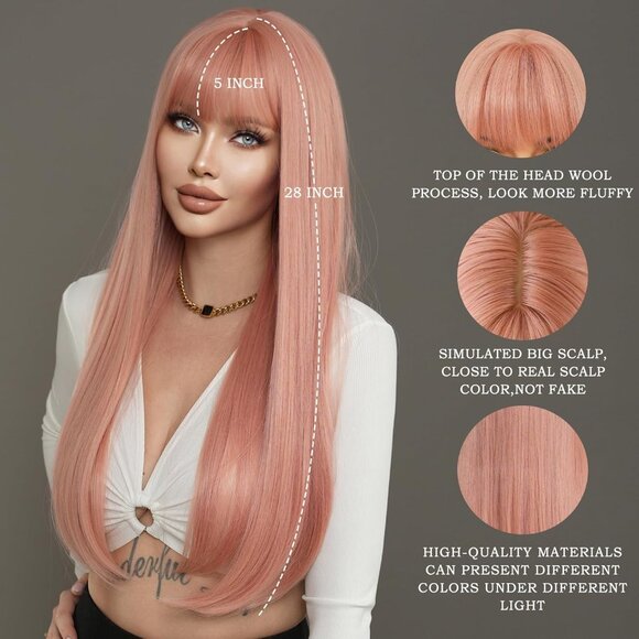 Long Straight Light Pink Wig with Bangs 28in Wig with Pale Orange Synthetic Wigs - Picture 2 of 5